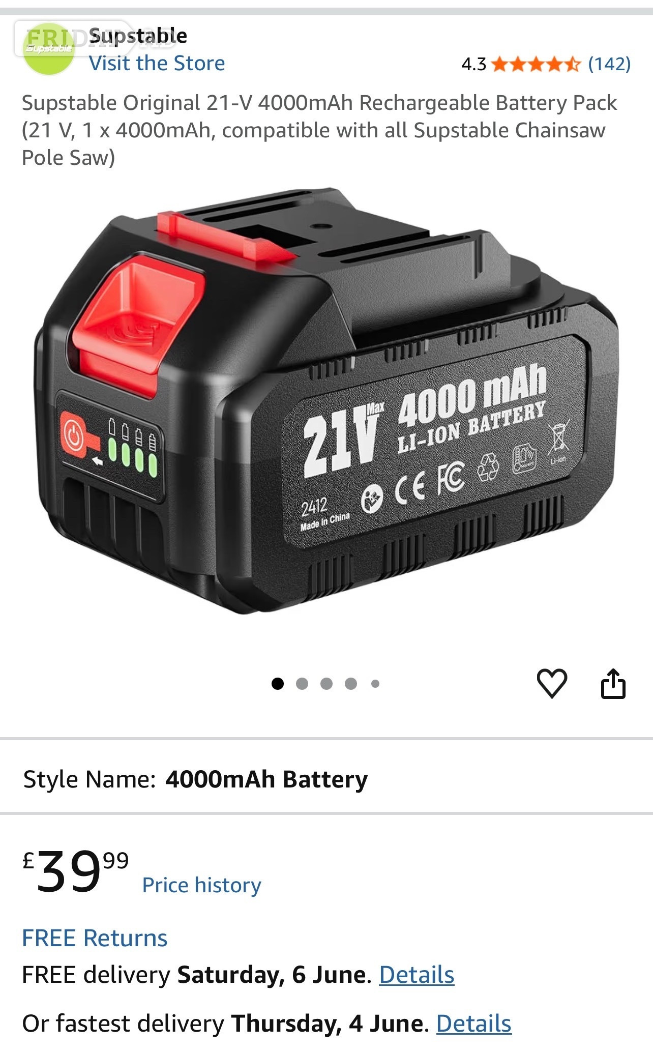 Supstable Original 21-V 4000mAh Rechargeable Battery Pack (21 V,  in Hastings