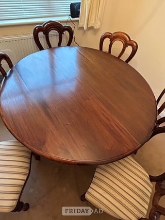 Mahogany round dining room table with 6 matching chairs.