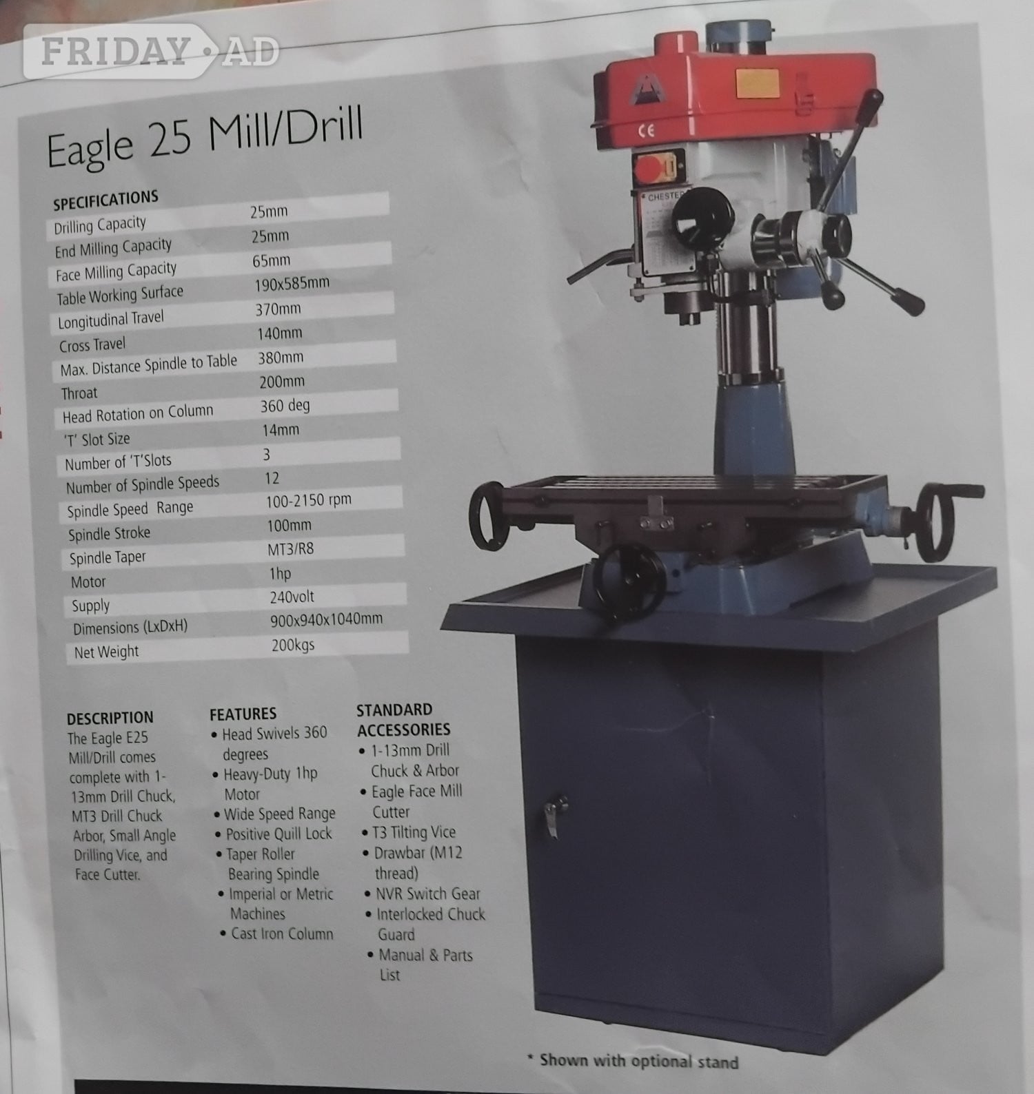MILLING DRILLING MACHINE USED CHESTER E25 WITH STAND, EXTRAS - DIY