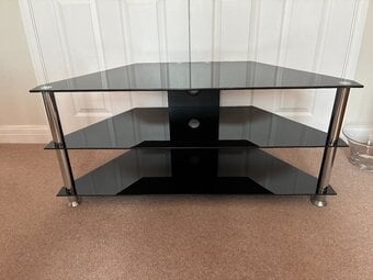 Black Glass TV Corner Stand with Glass Shelves and Cable Mgmt