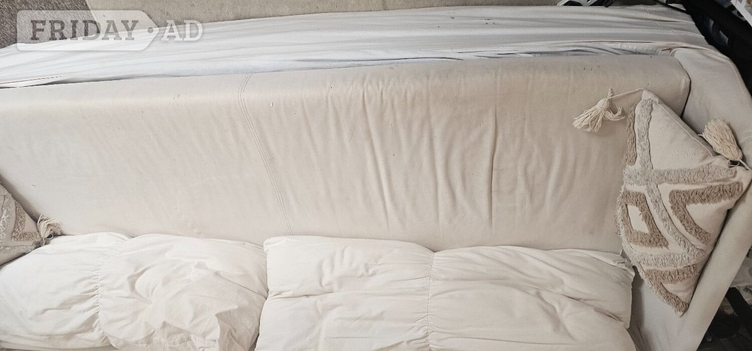 IKEA Cream 3 seater sofa ,on iron frame ,has legs ,so good storage room underneath. Pet free home, has fire safety. 