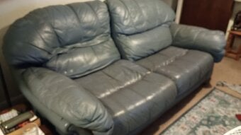 Large 2 seater blue leather sofa  Width 200cm Depth 110cm Height 90cm been used as our main sofa. We are in first floor flat. So would need to people to collect it as it is heavy. FREE so hopefully do someone starting out. Must be gone by tomorrow 1.8.26
