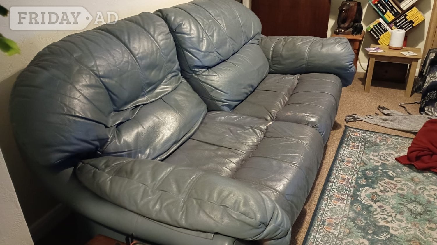 Large 2 seater blue leather sofa  Width 200cm Depth 110cm Height 90cm been used as our main sofa. We are in first floor flat. So would need to people to collect it as it is heavy. FREE so hopefully do someone starting out. Must be gone by tomorrow 1.8.26