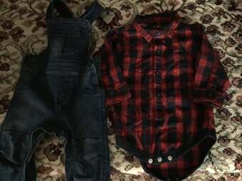 Checked Shirt and denim dungarees. Age 3-6 months