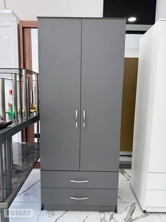 Grey 2 Door Wardrobe with Shelves and Drawers