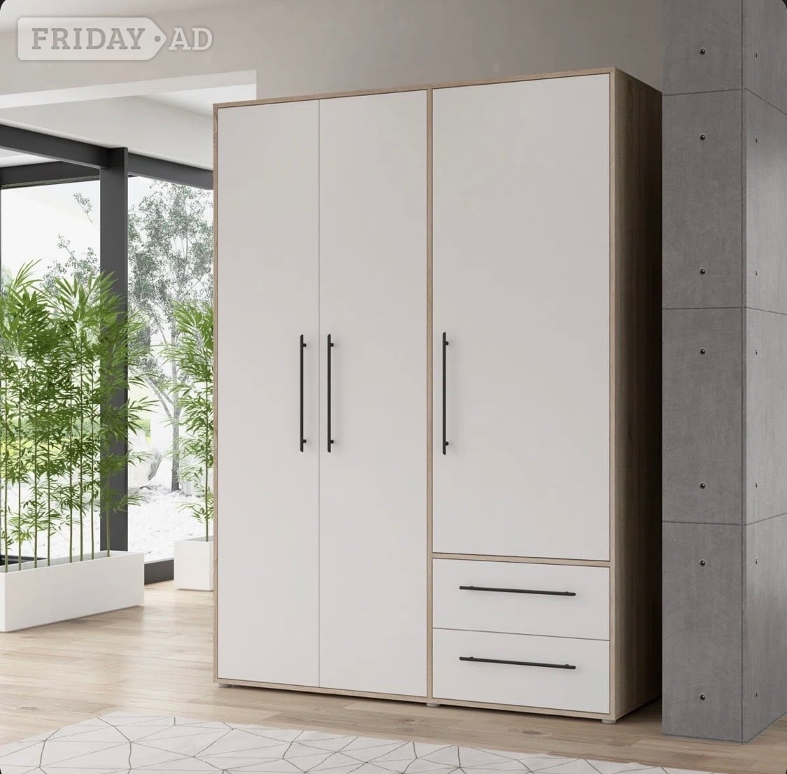 3 Door Oak Modern white Wardrobe with Storage hang Rail Bedroom F - Furniture