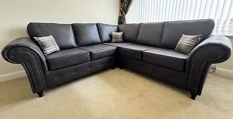 Rotherham 2 CORNER 2 OAKLAND SOFA IN RENO BLACK WITH FOOTSTOOL