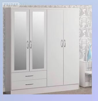 NEVADA 4 DOOR 2 DRAWER MIRRORED WARDROBE BEDROOM SET WHITE GLOSS