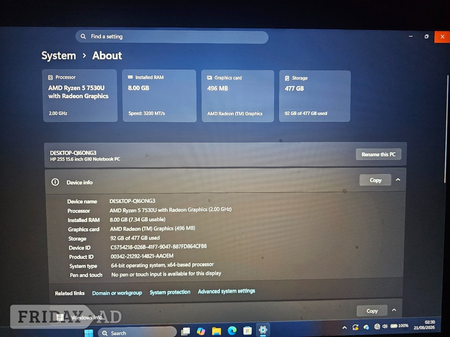 HP 255 G10 15.6" Laptop | Ryzen 5 7530U / 8GB RAM / 512GB SSD 