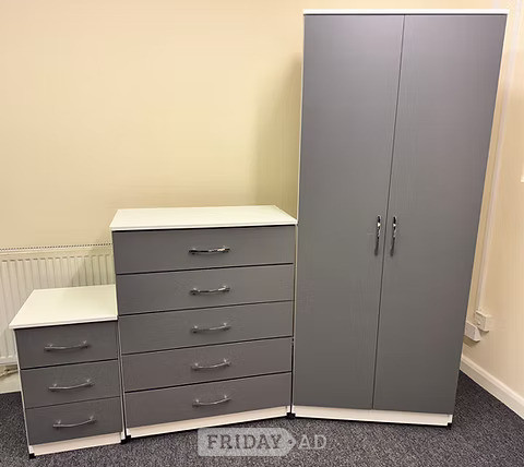 METRO (WHITE/GREY ) WARDROBE CHEST & BEDSIDE - FULLY ASSEMBLED in Rotherham