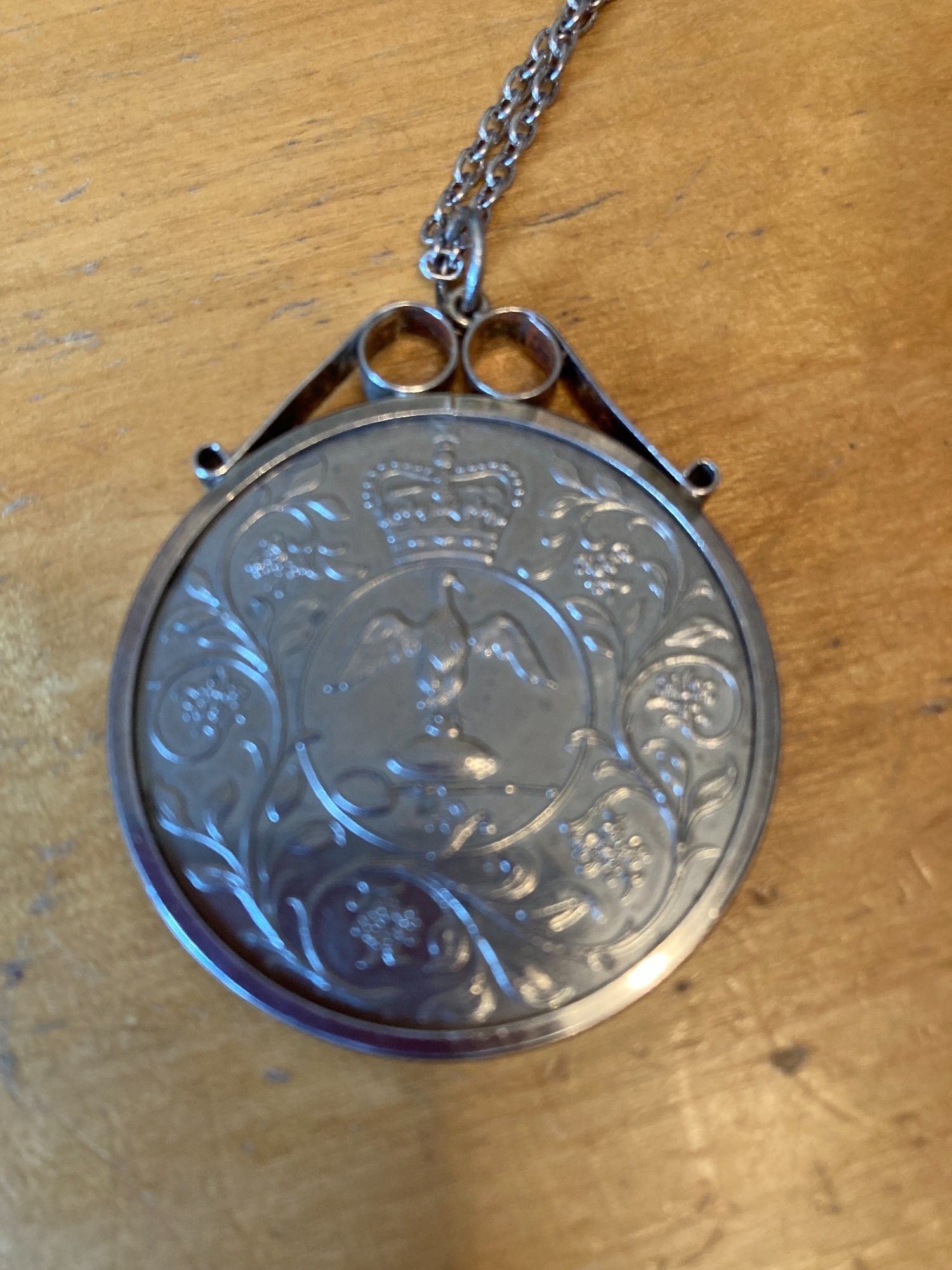 1977 Queen Elizabeth II Silver Jubilee Crown Pendant on Chain