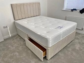 Cream Plush Velvet King Siz Bed with Drawers and mattress