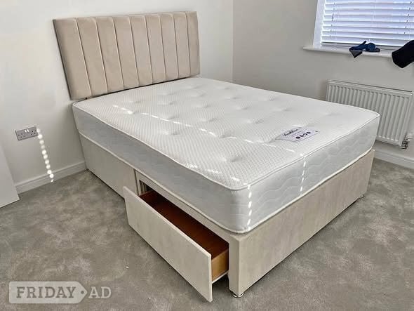 Cream Plush Velvet King Siz Bed with Drawers and mattress in London