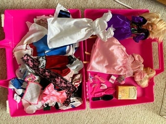 Two Barbie Dolls, multiple outfits & storage case