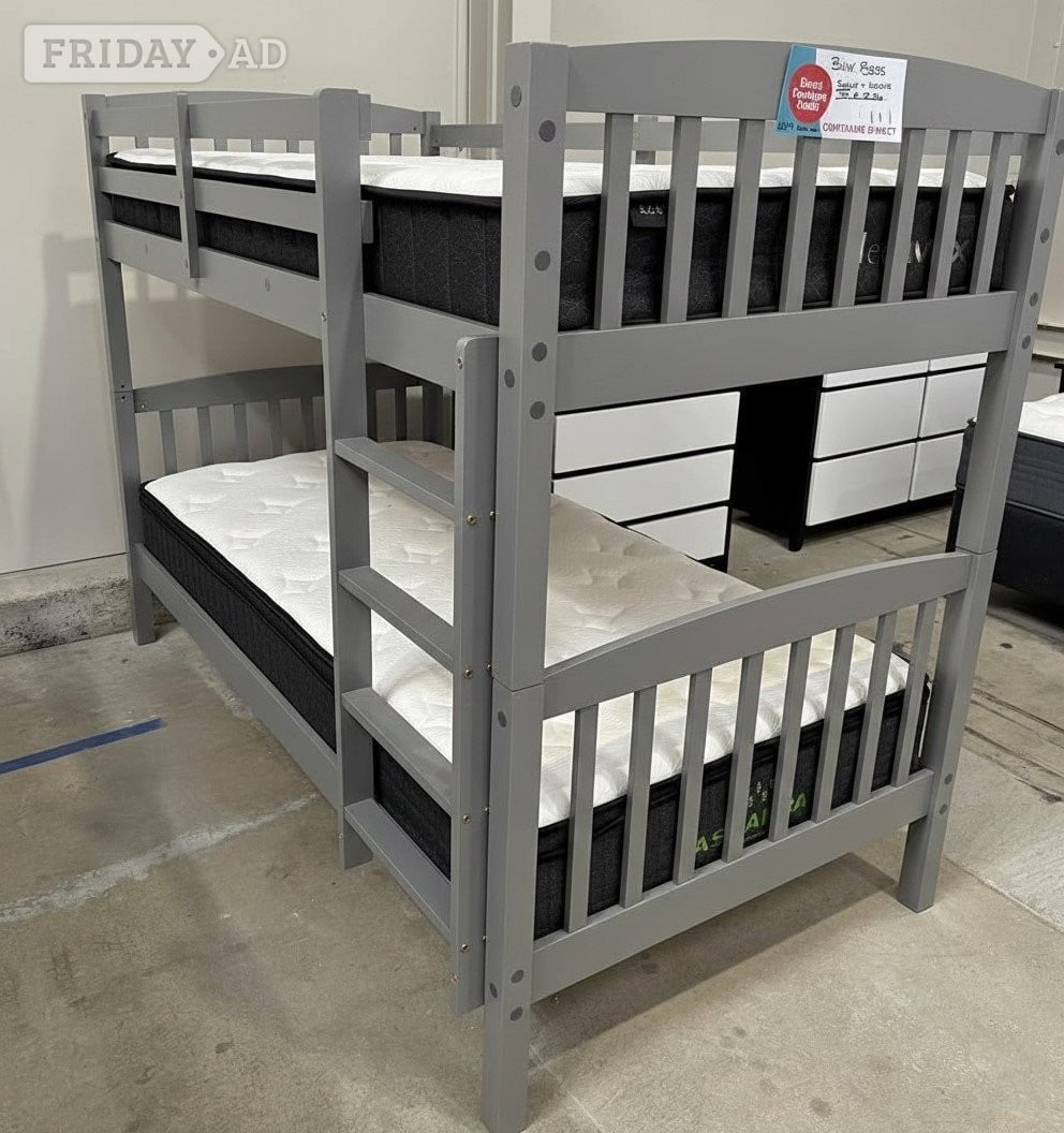 White or Grey Wooden Bunk Bed Frame with Mattresses