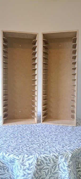 PAIR OF WOODEN STORAGE TOWERS FOR 32 VHS VIDEO CASSETTE TAPES