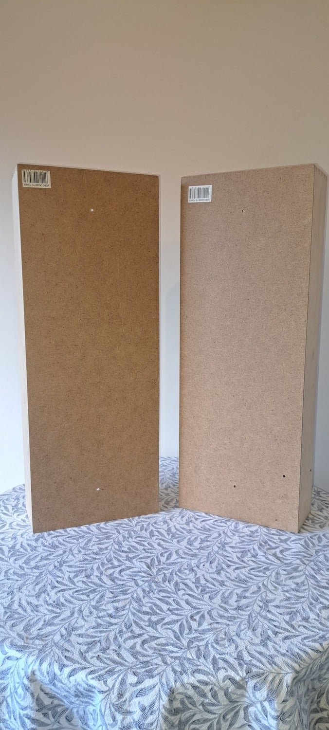 PAIR OF WOODEN STORAGE TOWERS FOR 32 VHS VIDEO CASSETTE TAPES