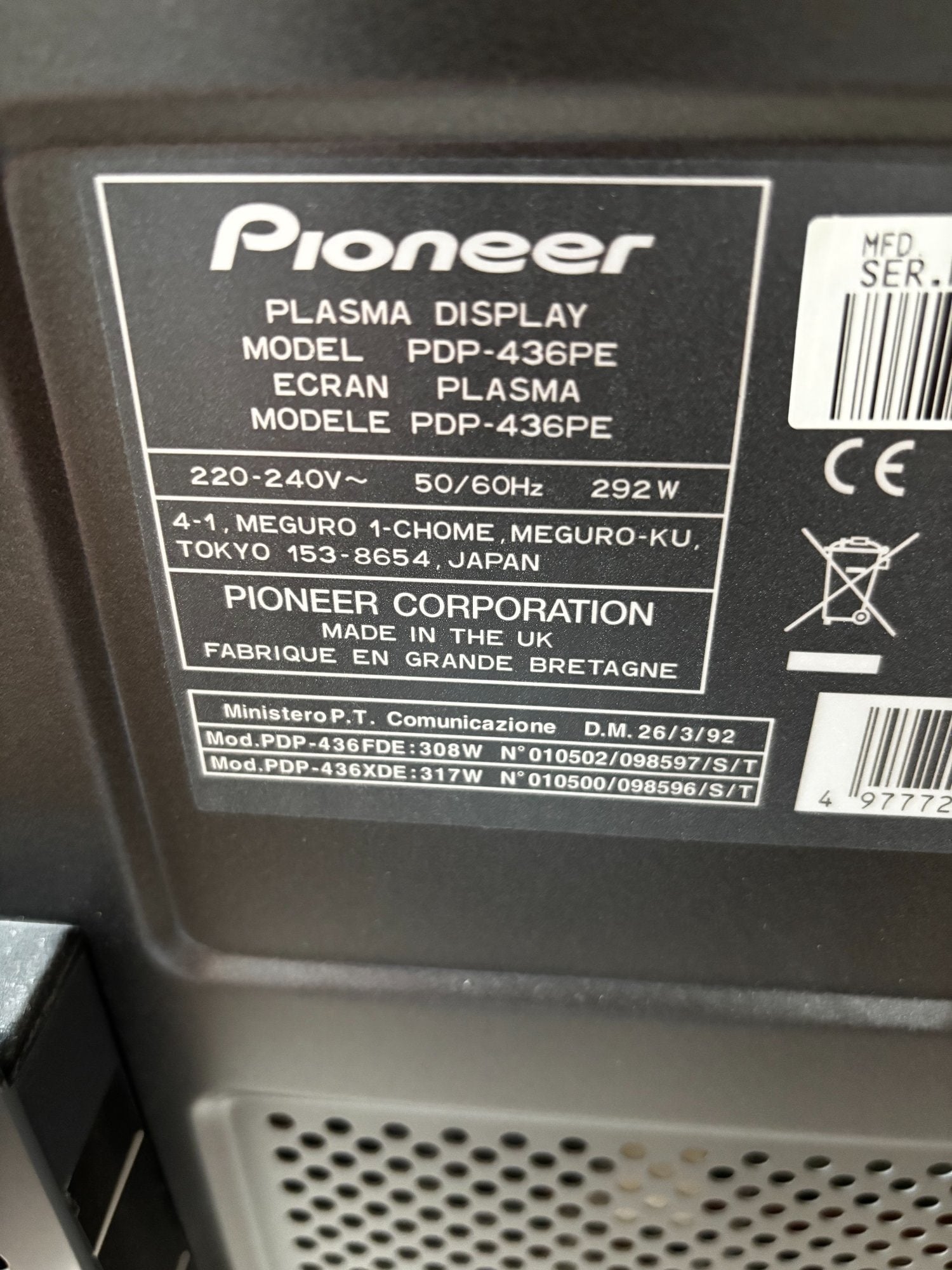 Pioneer PDP-436PE, 43-inch 720p HD plasma television - Tv, Audio & Cameras in Worthing